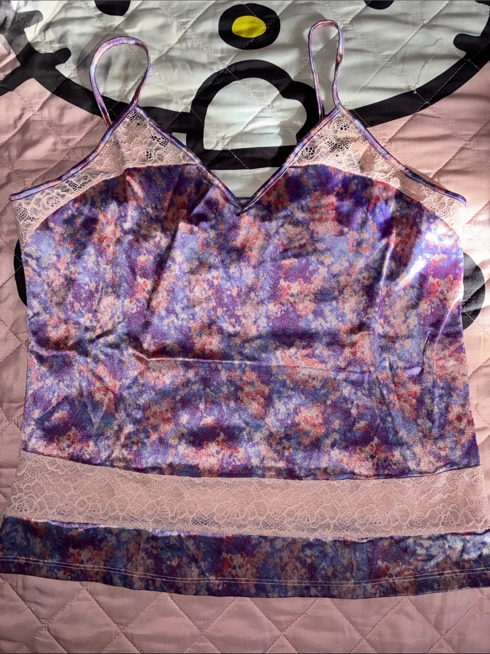 Floral Lace-Trim Satin Cami Top - Purple Pink